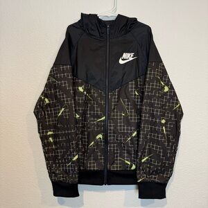 Nike Jacket Boys M (8-10) Black Hooded Windbreaker Swoosh Neon Print Graphic EUC